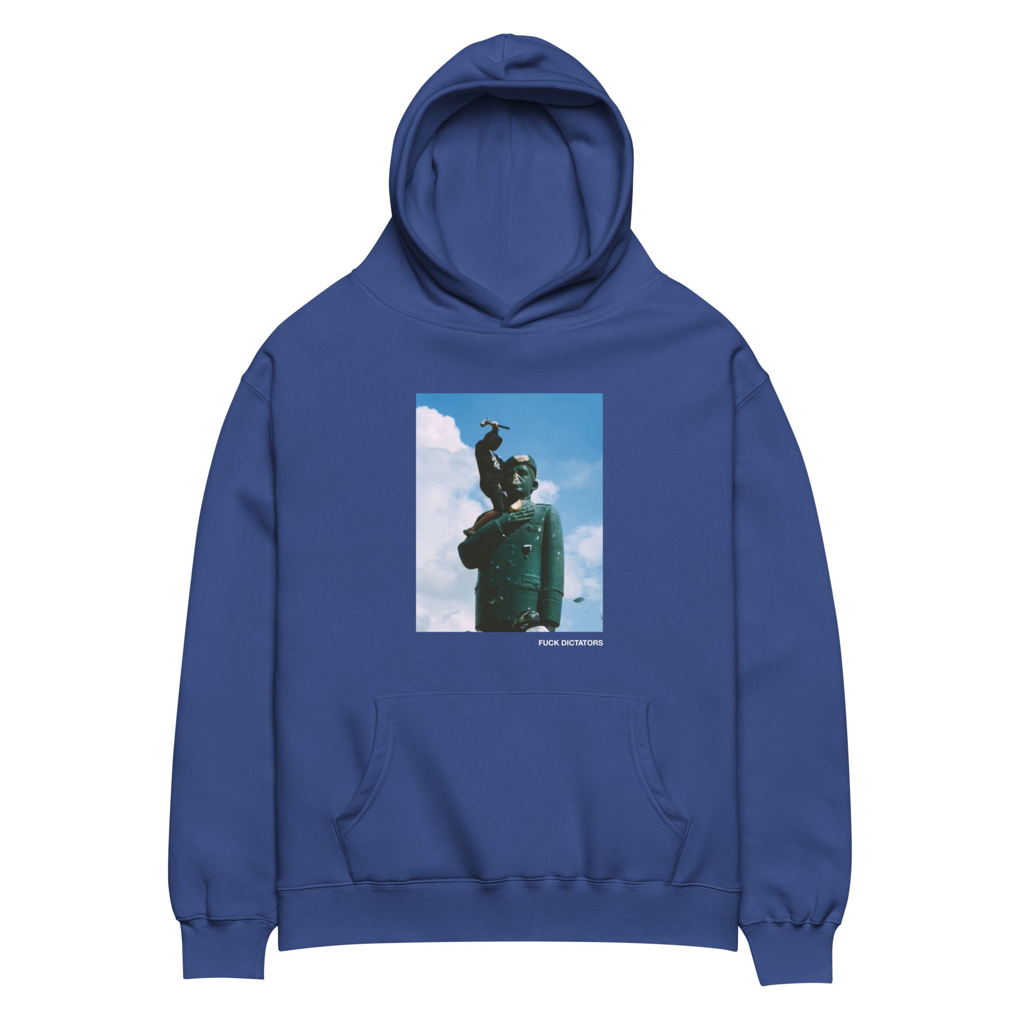 “F*ck Dictators” Chávez statue oversized hoodie in cobalt, front view — Venezuelan political humor #color_cobalt