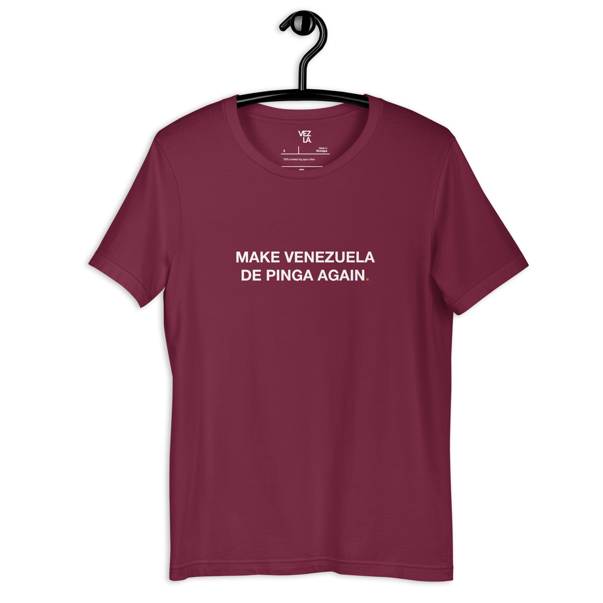 “Make Venezuela De Pinga Again” t-shirt in maroon, front view — Venezuelan political humor #color_maroon