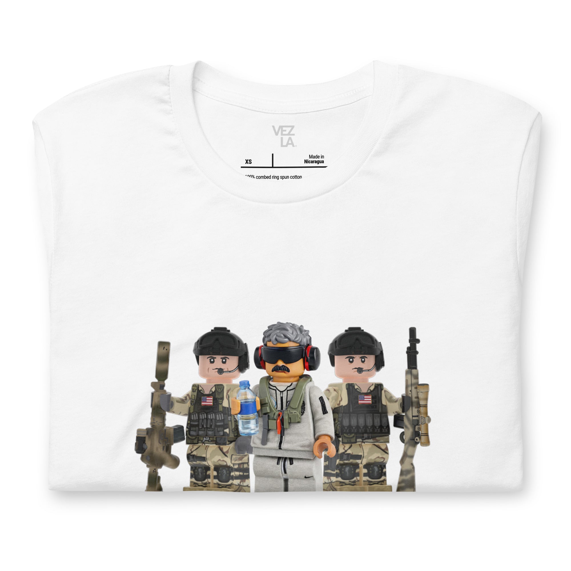 03/01/26 Maduro Lego “captured” t-shirt in white, folded detail — Venezuelan political humor #color_white