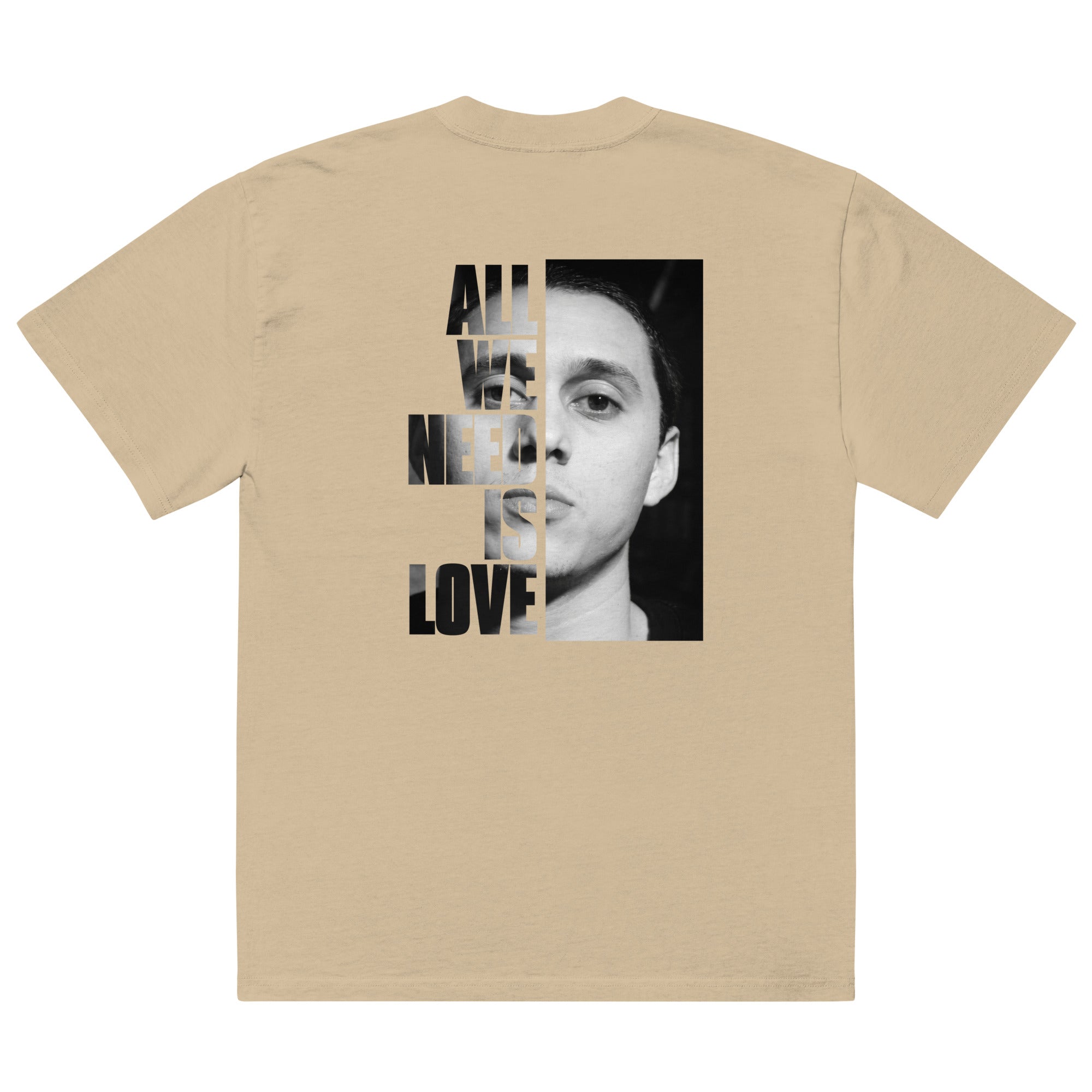 Canserbero “All We Need Is Love” oversized faded tee in faded khaki, front view — Canserbero merch #color_faded_khaki