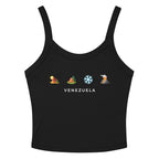 Desierto Selva Nieve y Volcán women's tank top in solid black blend, folded detail — ropa venezolana #color_solid_black_blend