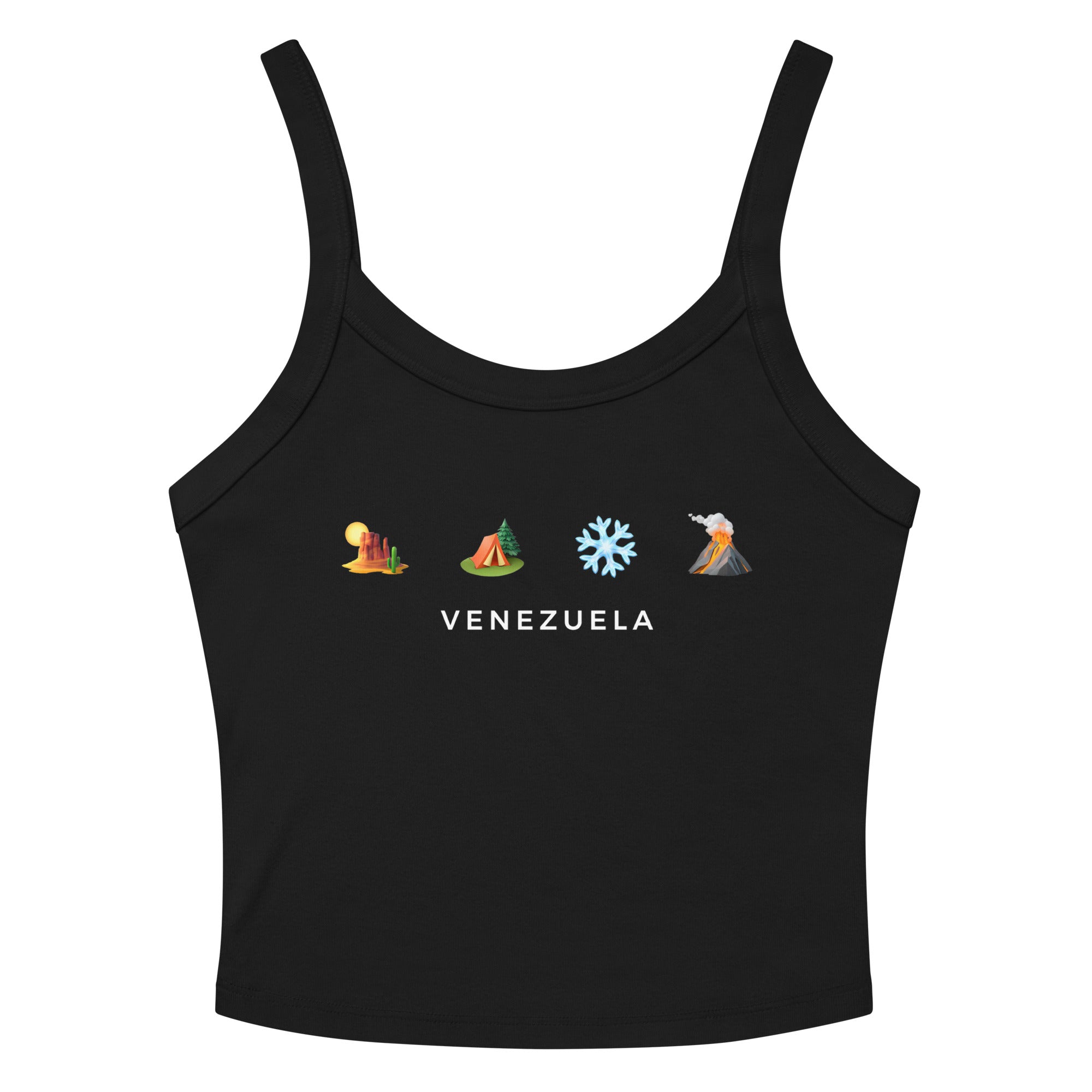 Desierto Selva Nieve y Volcán women's tank top in solid black blend, folded detail — ropa venezolana #color_solid_black_blend