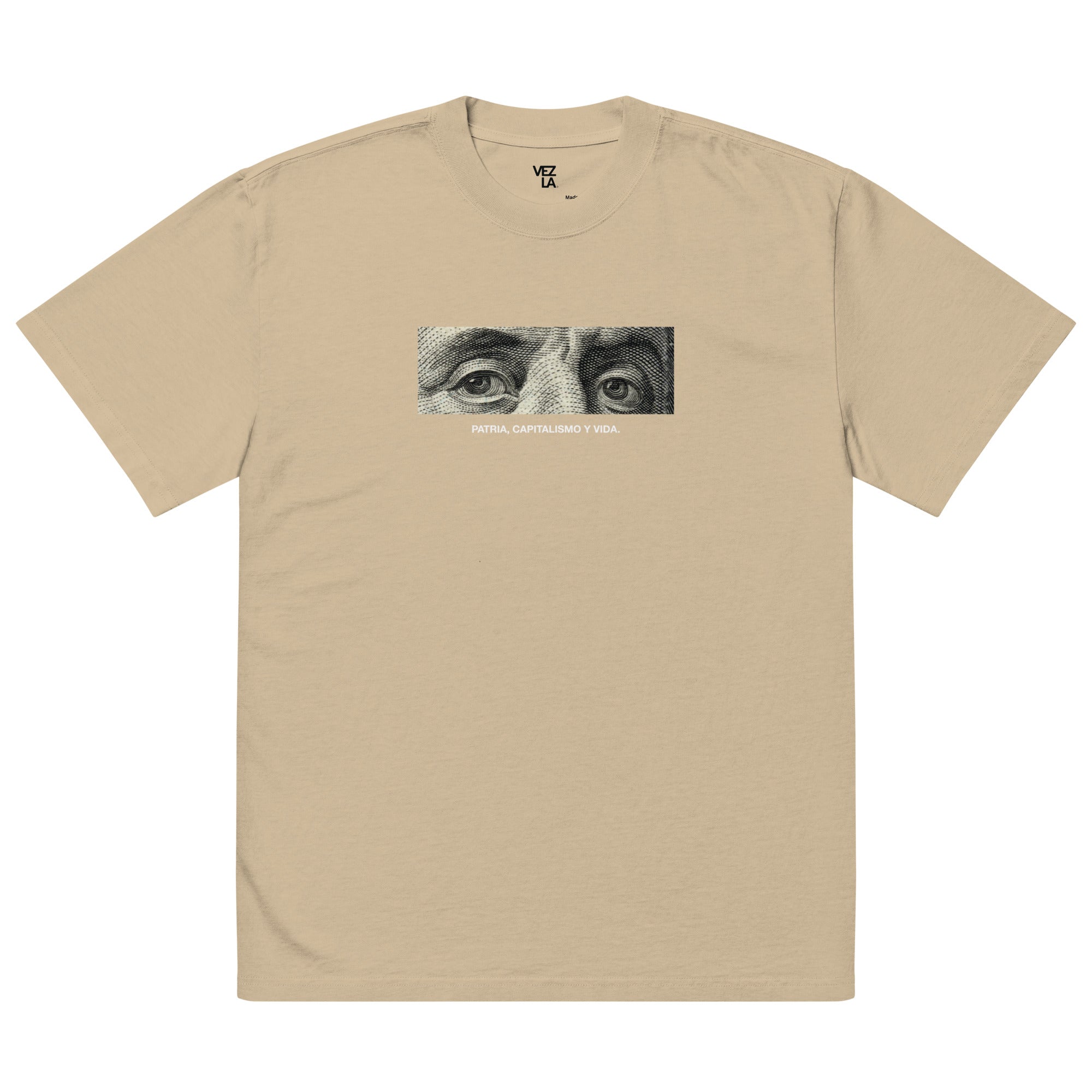 “Patria, Capitalismo y Vida” oversized faded tee in faded khaki, front view — Venezuelan political humor #color_faded_khaki