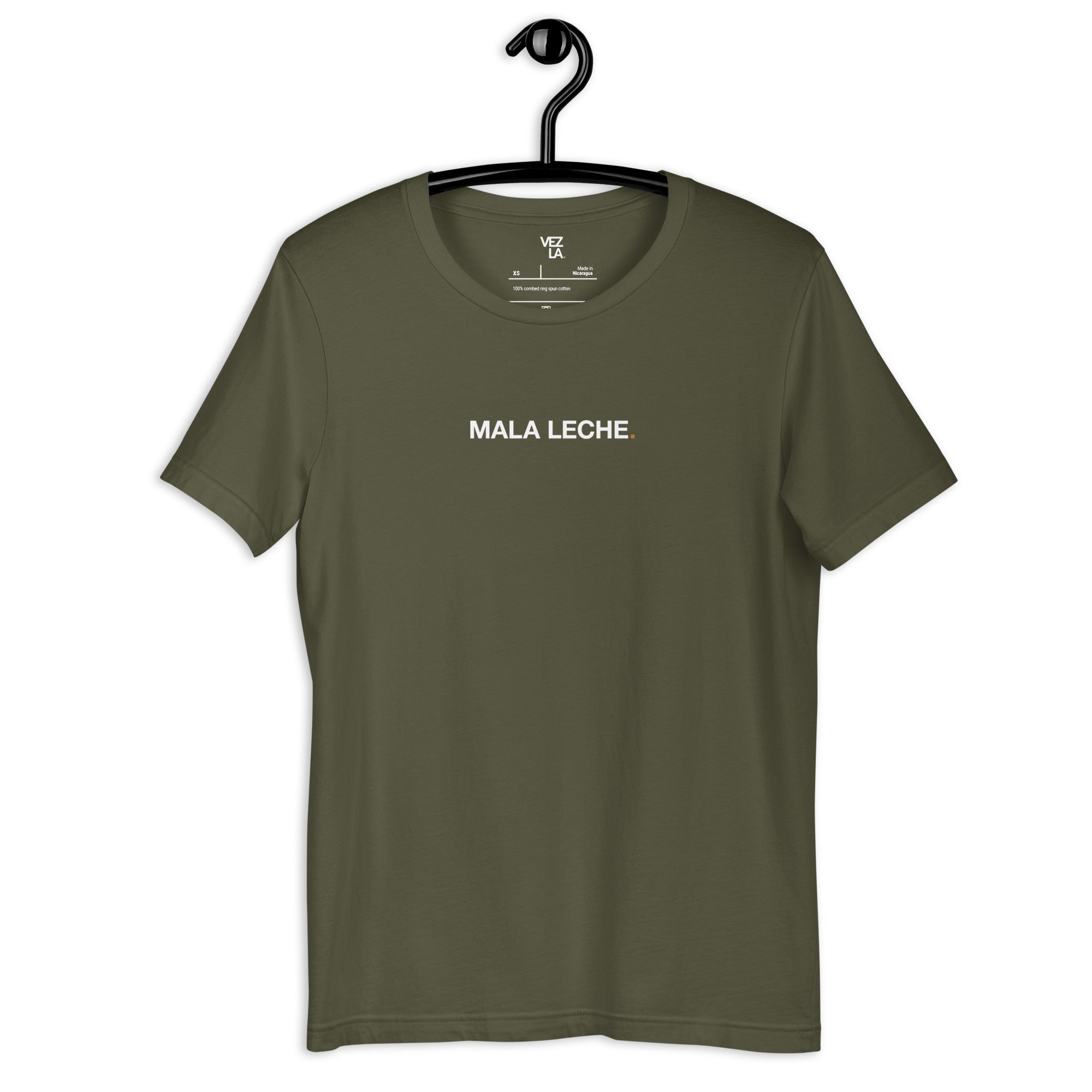 “Mala Leche” t-shirt in military green, front view — Venezuelan t-shirt #color_military_green