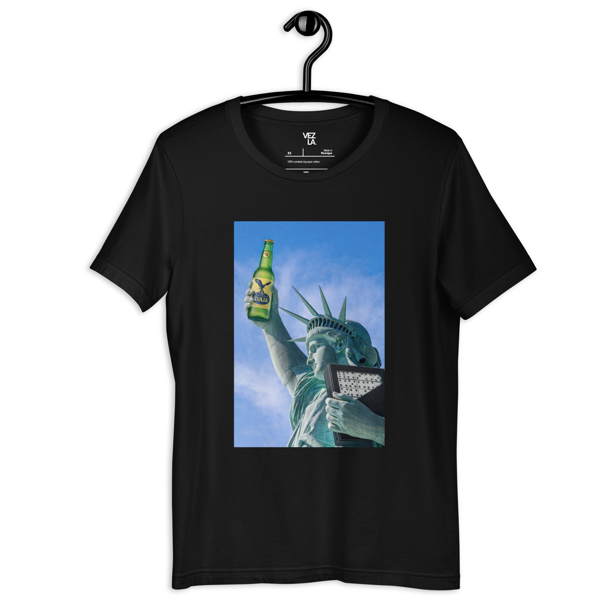 Statue of Liberty holding Zulia beer t-shirt in black, front view — Venezuelan American #color_black