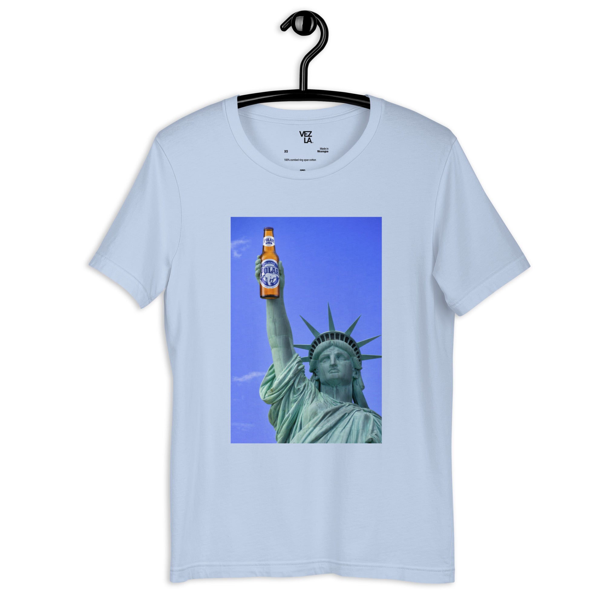 Statue of Liberty holding Polar beer t-shirt in baby blue, front view — Venezuelan American #color_baby_blue