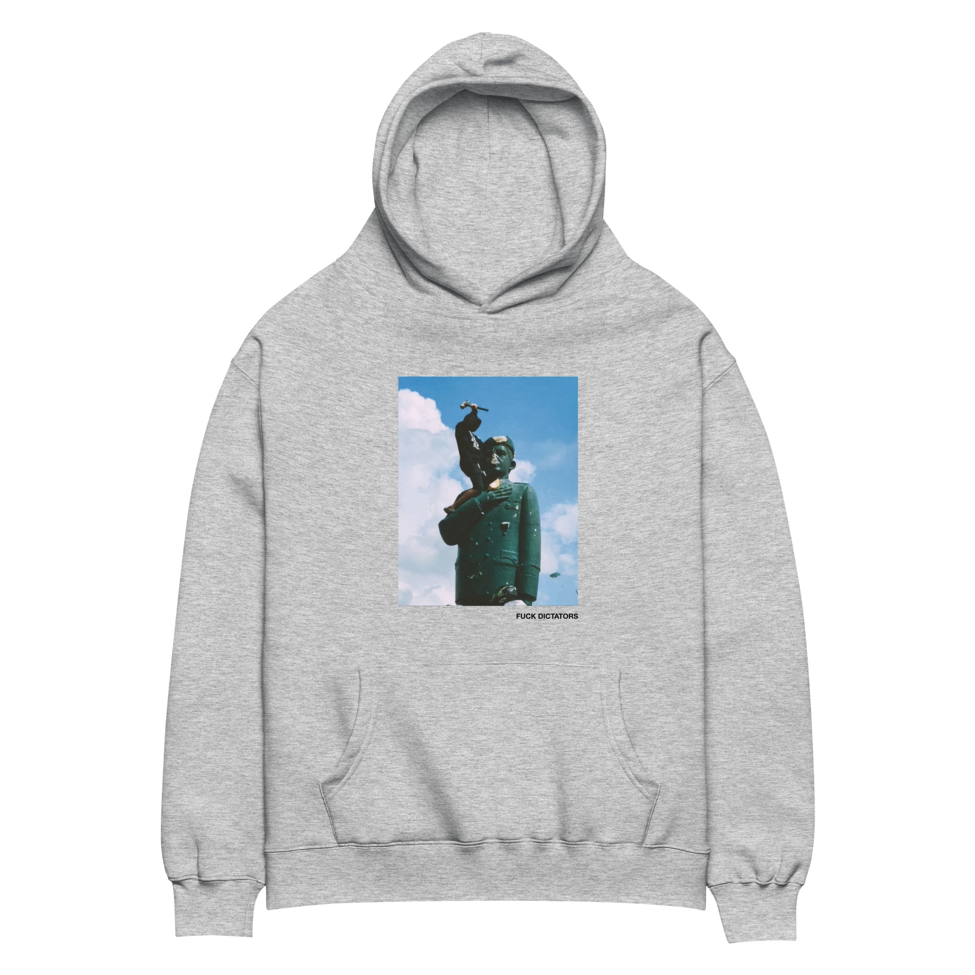 “F*ck Dictators” Chávez statue oversized hoodie in athletic heather, front view — Venezuelan political humor #color_athletic_heather