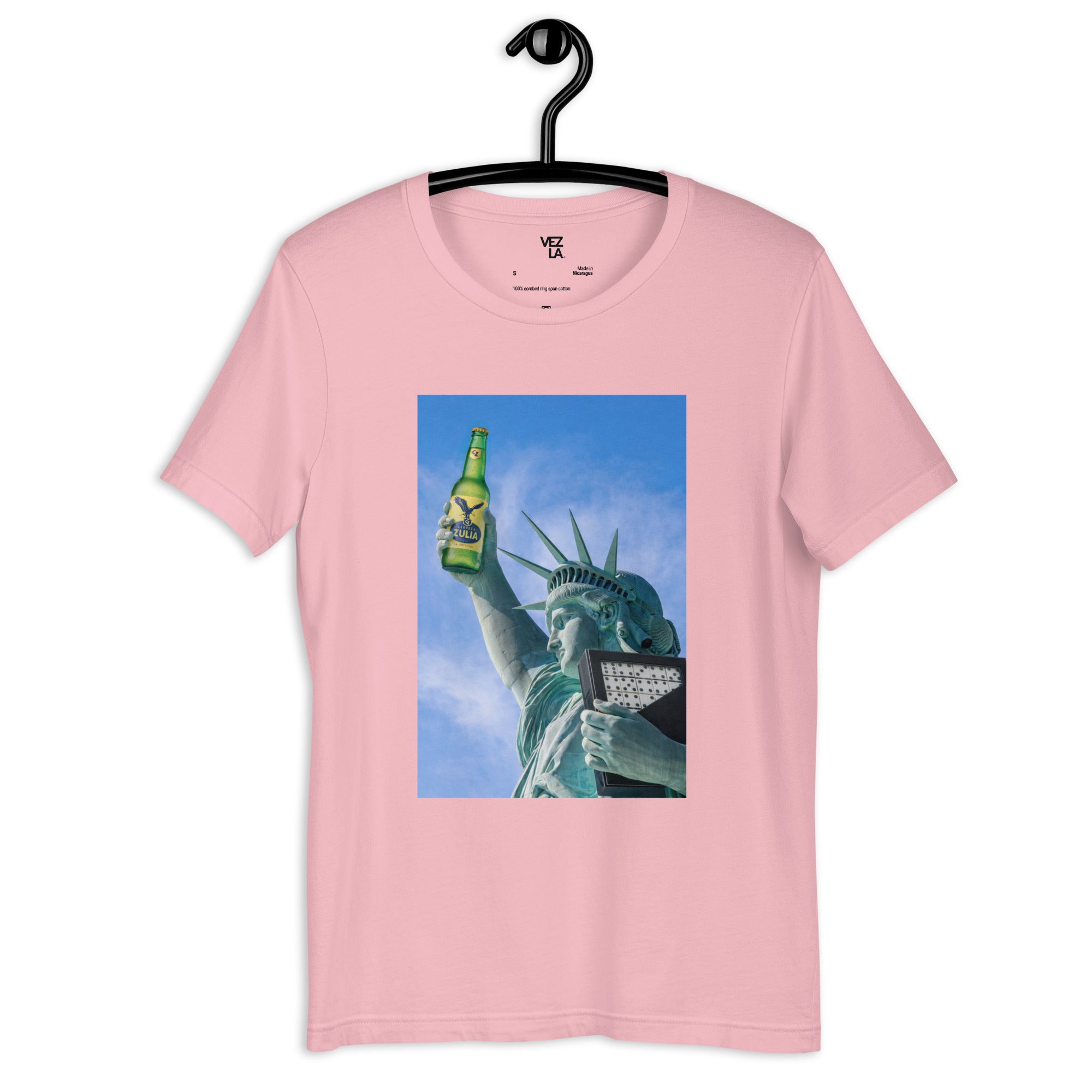 Statue of Liberty holding Zulia beer t-shirt in pink, front view — Venezuelan American #color_pink