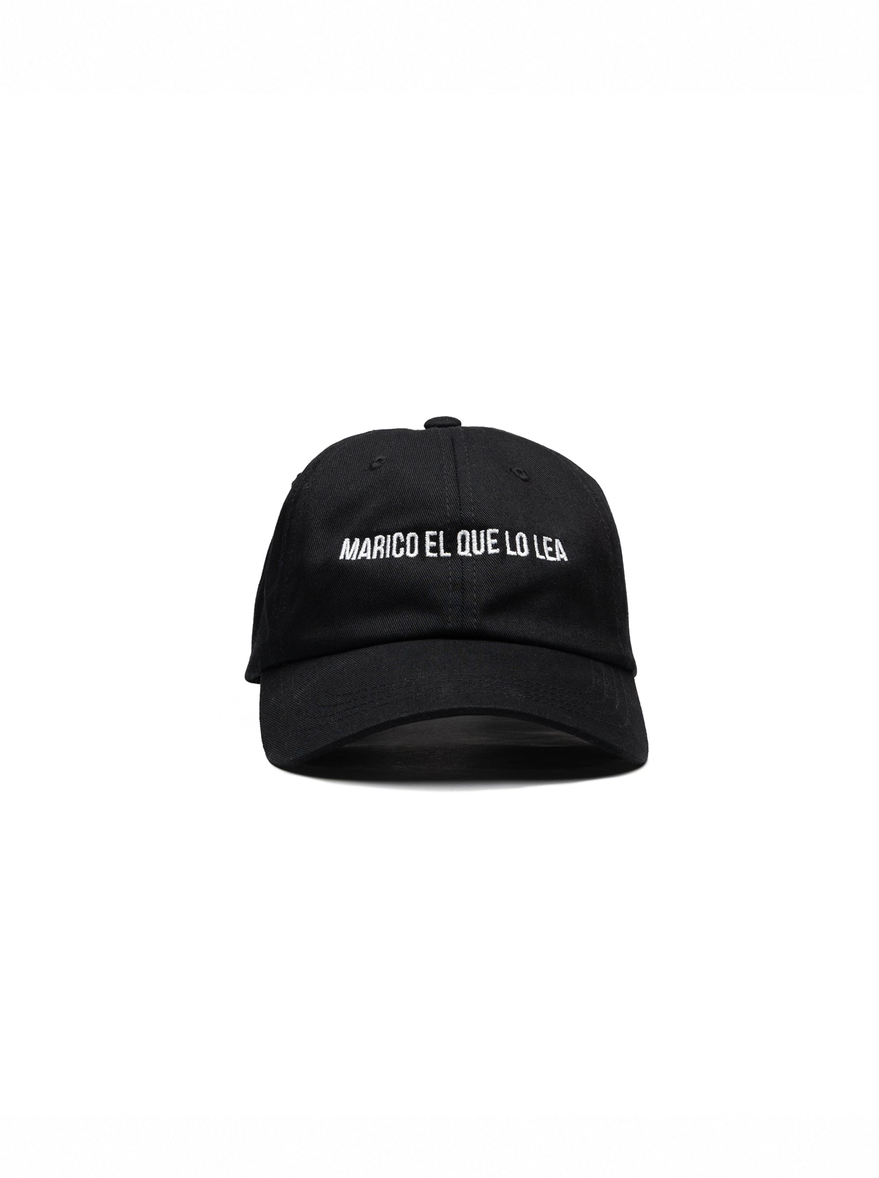“Marico el que lo lea” embroidered black dad cap — Venezuelan slang streetwear, front view #color_black