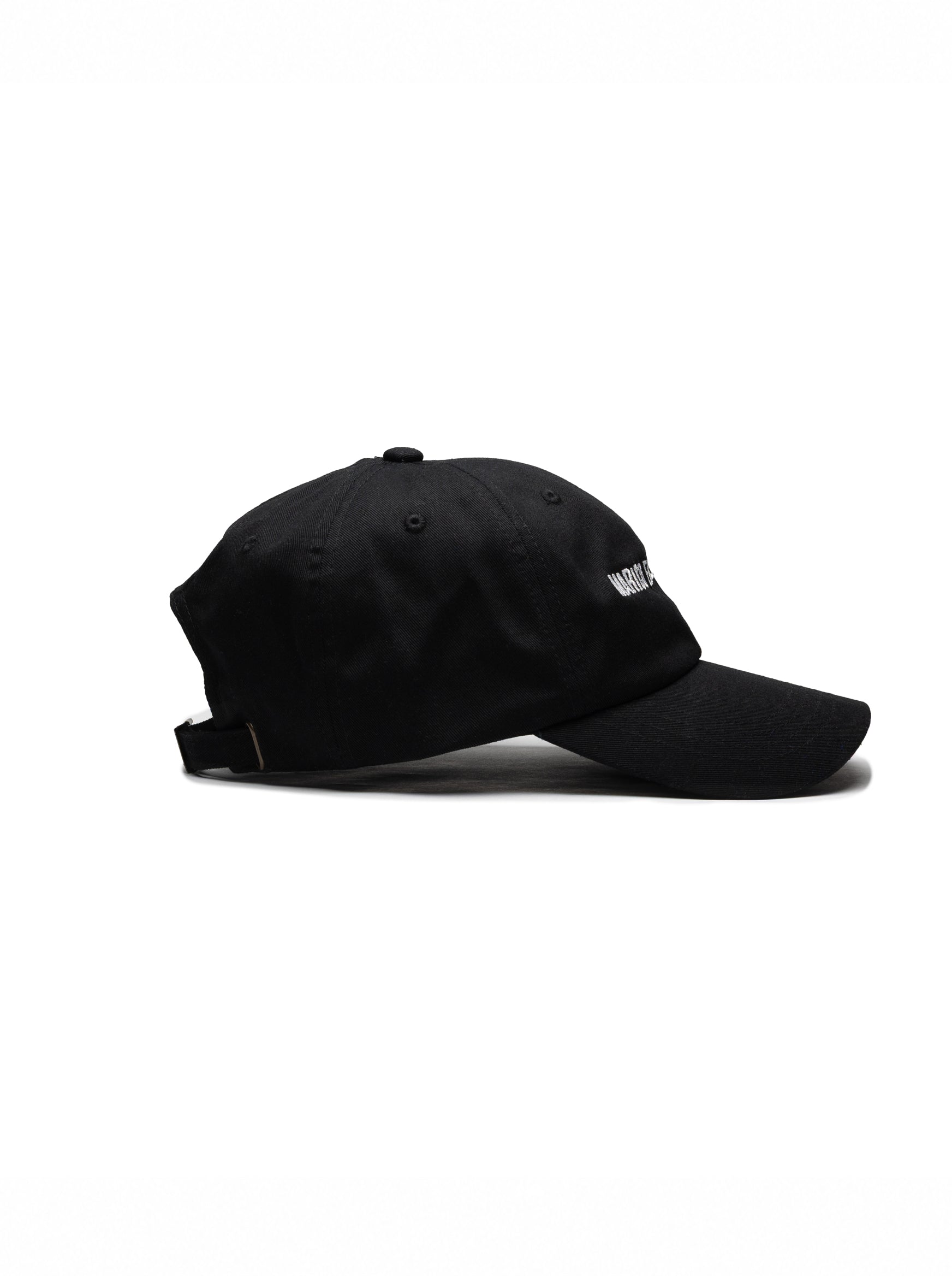 “Marico el que lo lea” embroidered black dad cap — Venezuelan slang streetwear, side view #color_black