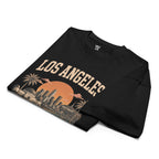 Los Angeles California men's box tee in black, folded detail — Venezuelan American #color_black