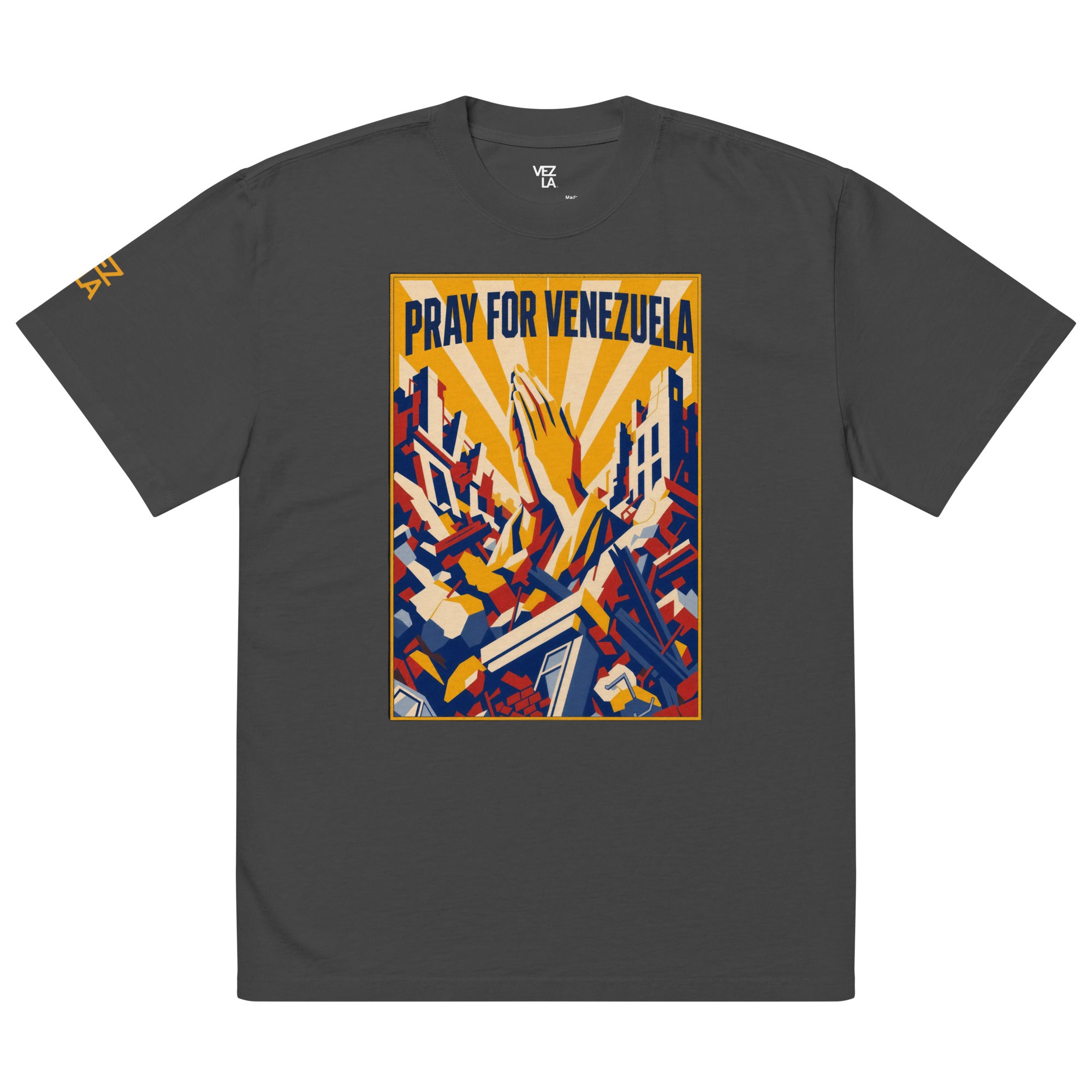 “Pray for Venezuela” oversized faded tee in faded black, front view — ropa venezolana #color_faded_black