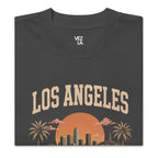 Los Angeles California oversized faded tee in faded black, close-up print detail — Venezuelan American #color_faded_black