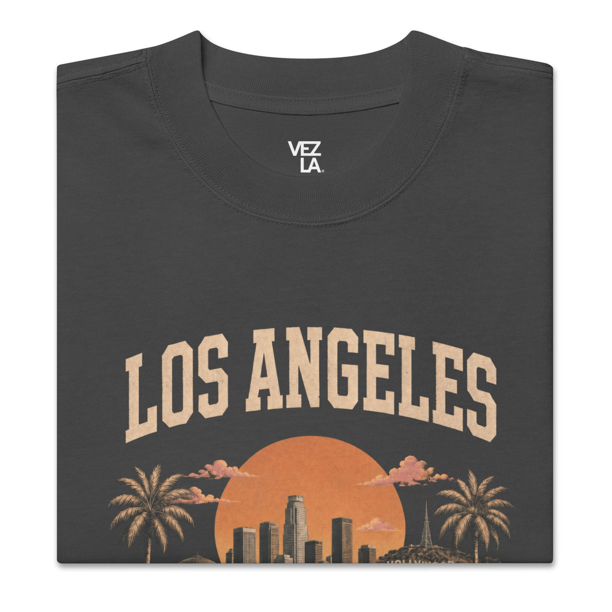 Los Angeles California oversized faded tee in faded black, close-up print detail — Venezuelan American #color_faded_black
