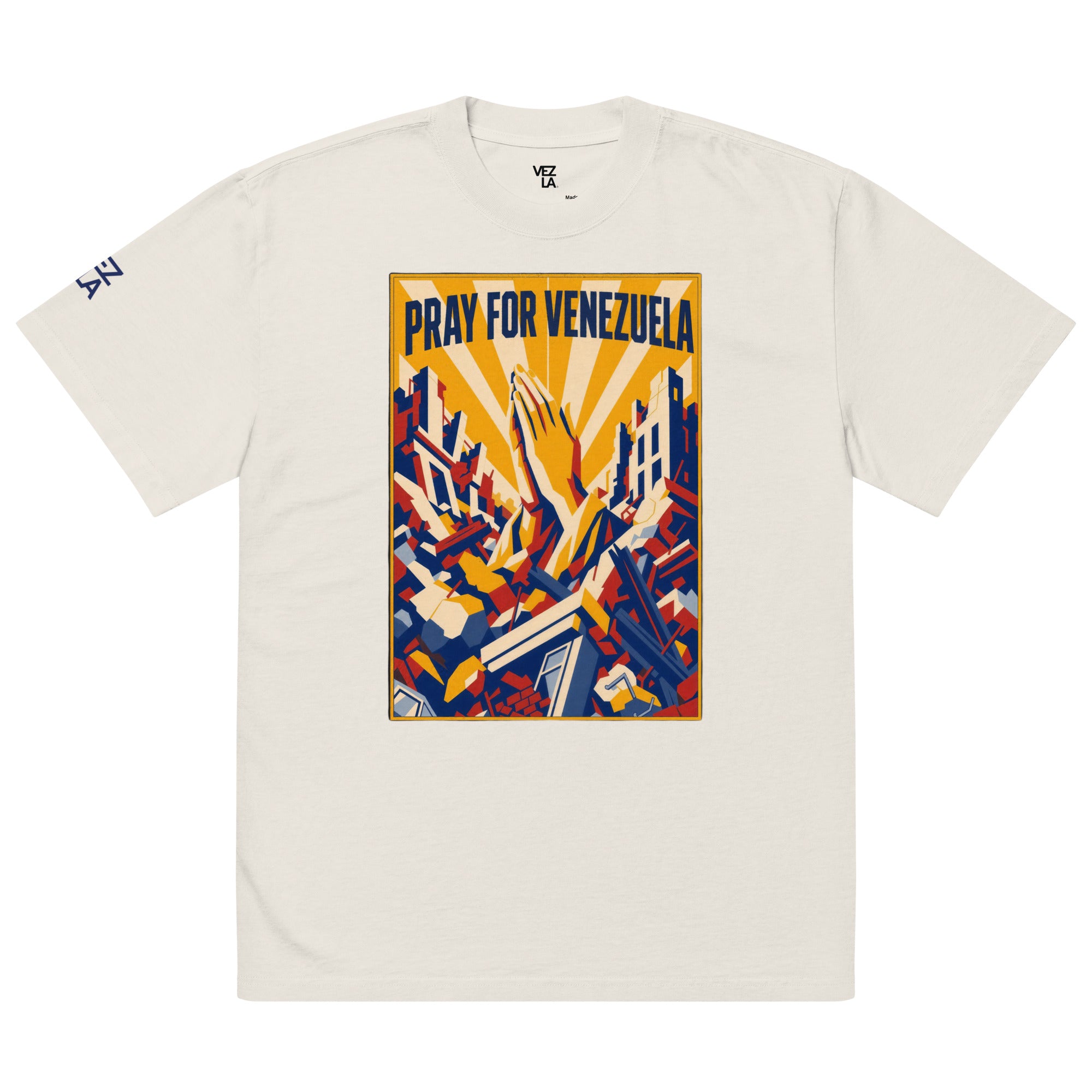“Pray for Venezuela” oversized faded tee in faded bone, front view — ropa venezolana #color_faded_bone