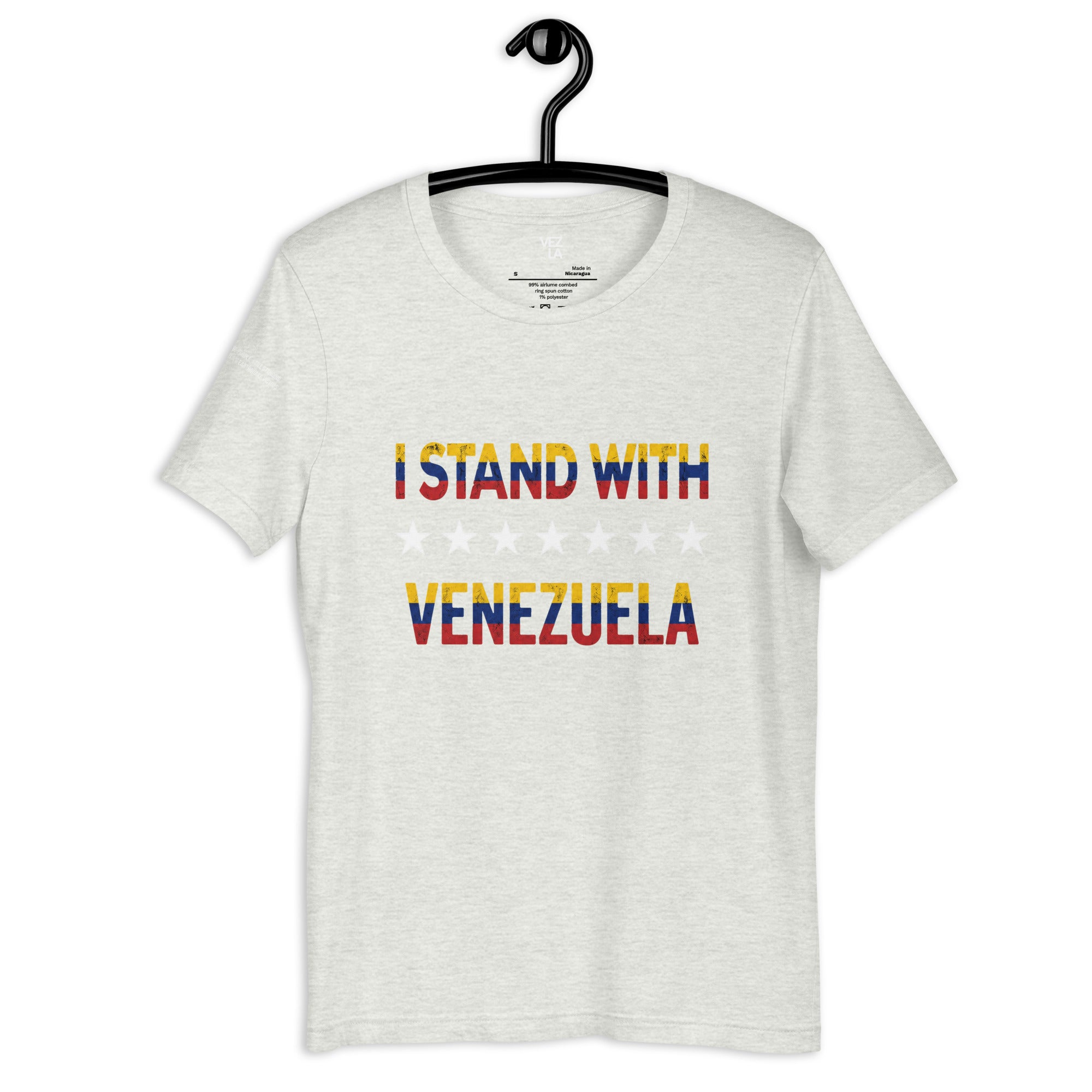 “I Stand With Venezuela” t-shirt in ash, front view — ropa venezolana #color_ash