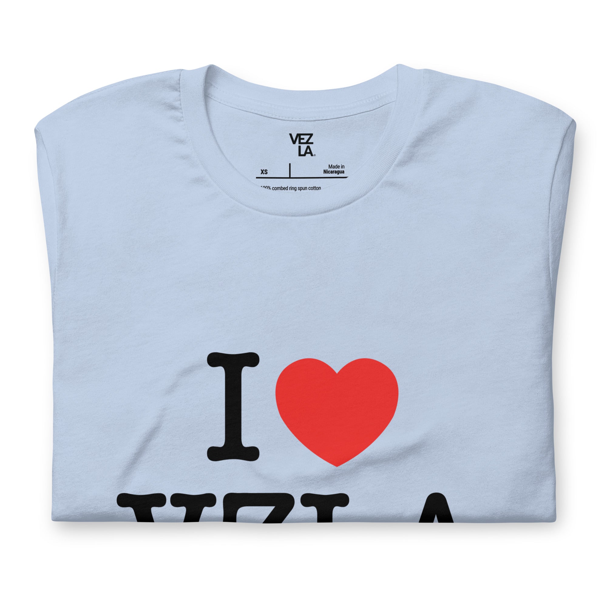 “I ❤ VZLA” I Love Venezuela t-shirt in baby blue, folded detail — ropa venezolana #color_baby_blue