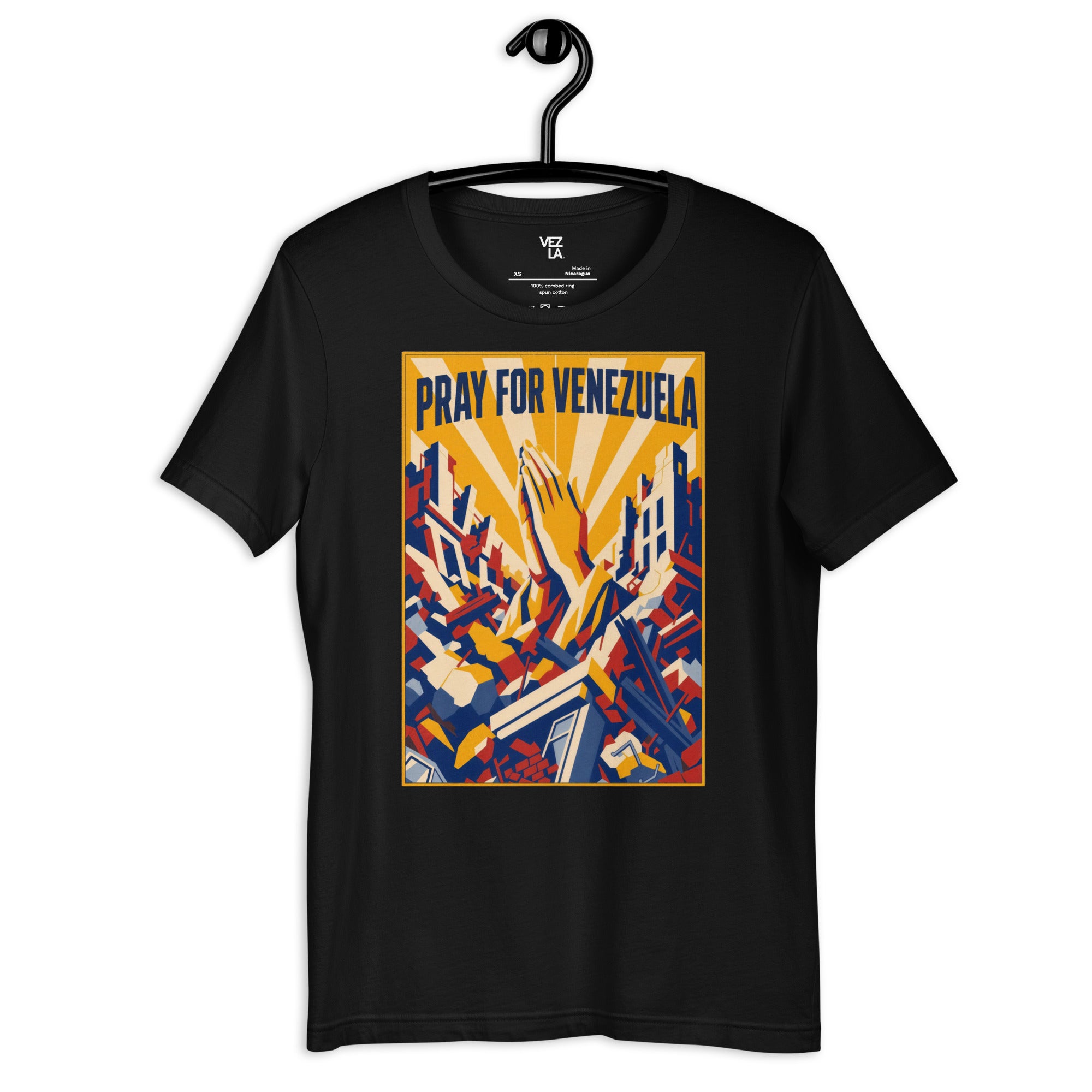 “Pray for Venezuela” t-shirt in black, front view — ropa venezolana #color_black