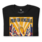 “Pray for Venezuela” t-shirt in black, folded detail — ropa venezolana #color_black