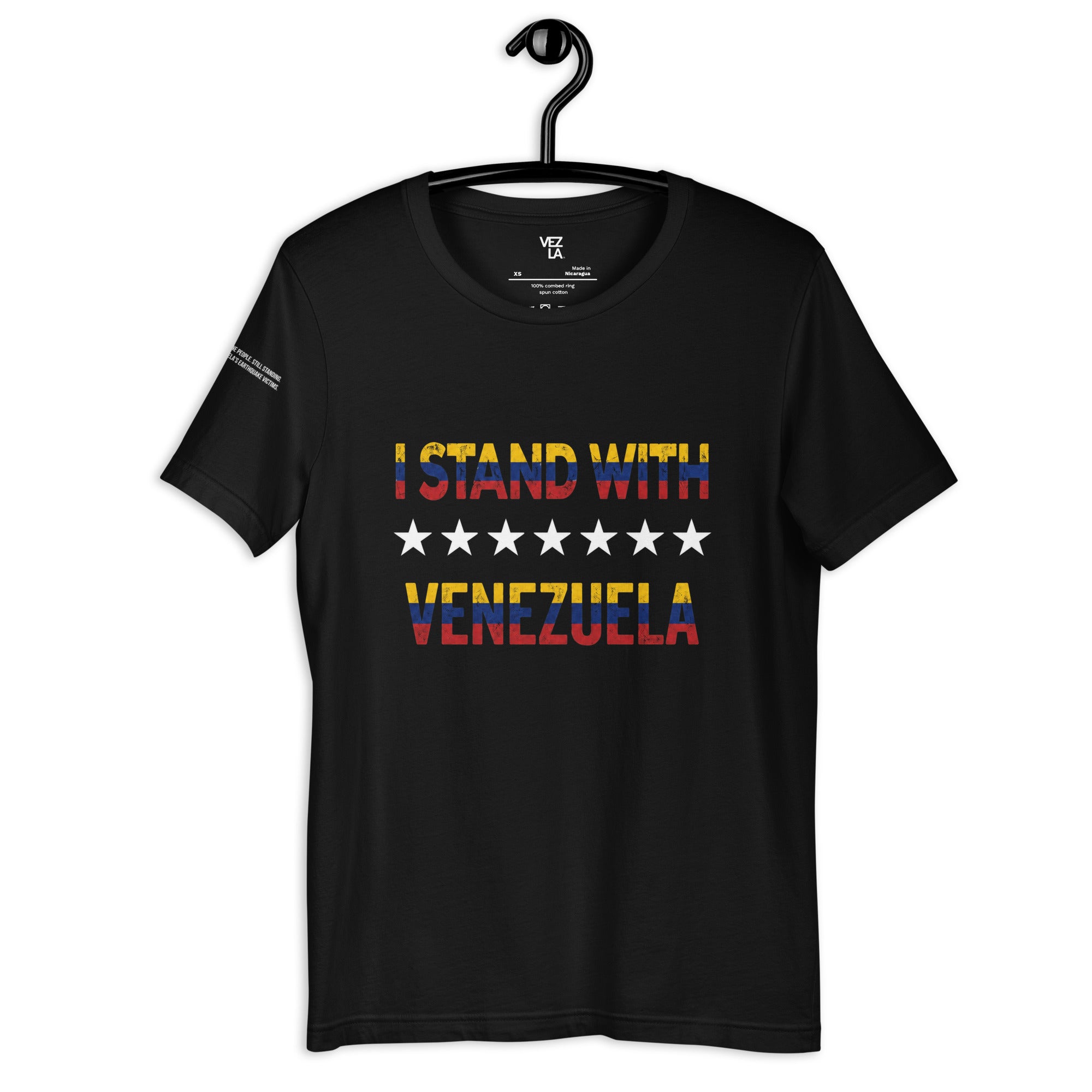“I Stand With Venezuela” t-shirt in black, front view — ropa venezolana #color_black