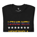 “I Stand With Venezuela” t-shirt in black, folded detail — ropa venezolana #color_black