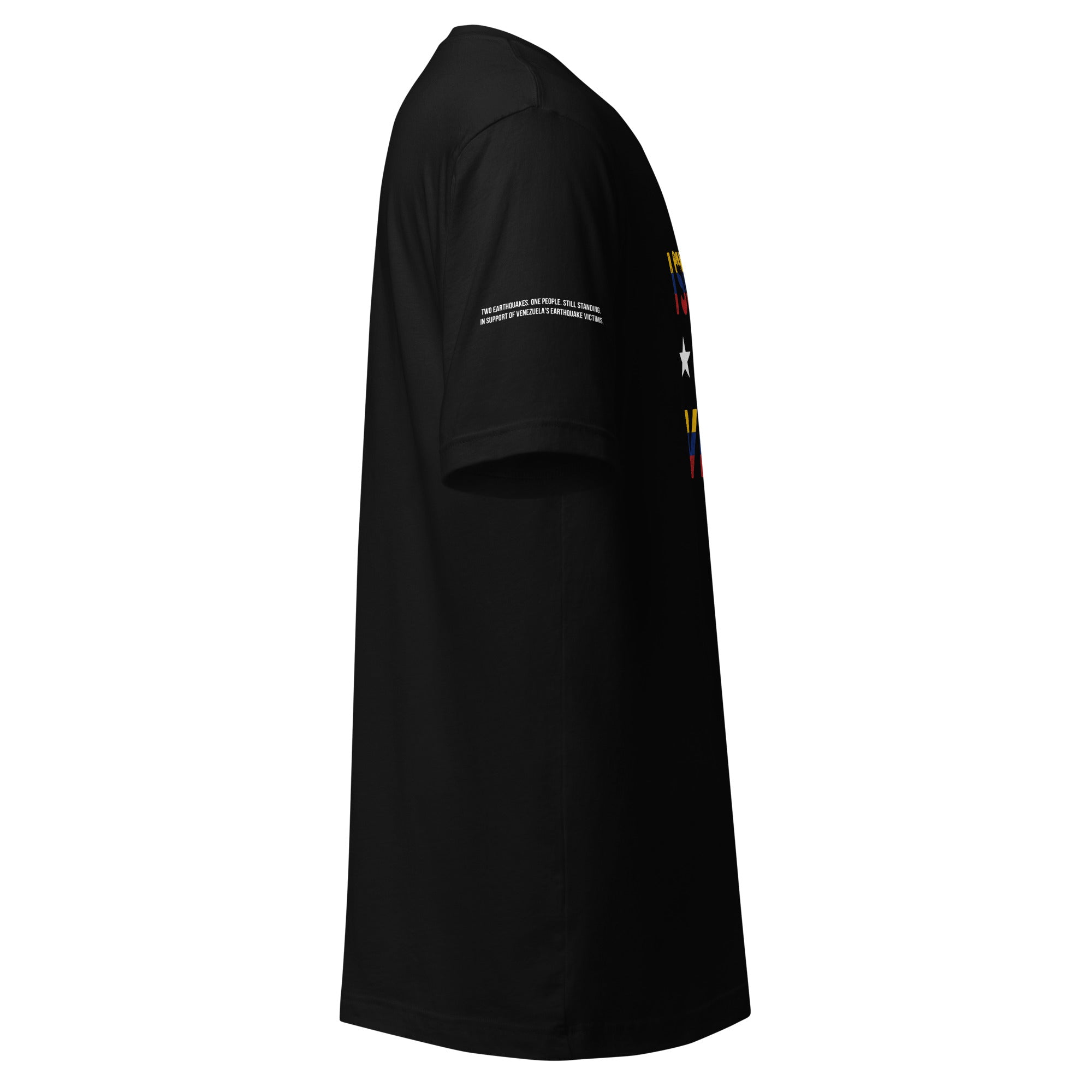 “I Stand With Venezuela” t-shirt in black, side view — ropa venezolana #color_black