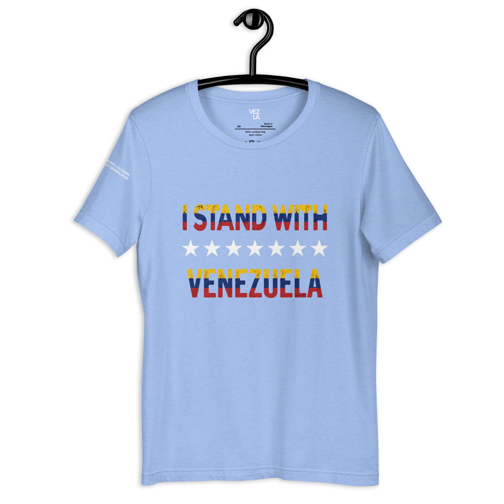 “I Stand With Venezuela” t-shirt in heather carolina blue, front view — ropa venezolana #color_heather_carolina_blue