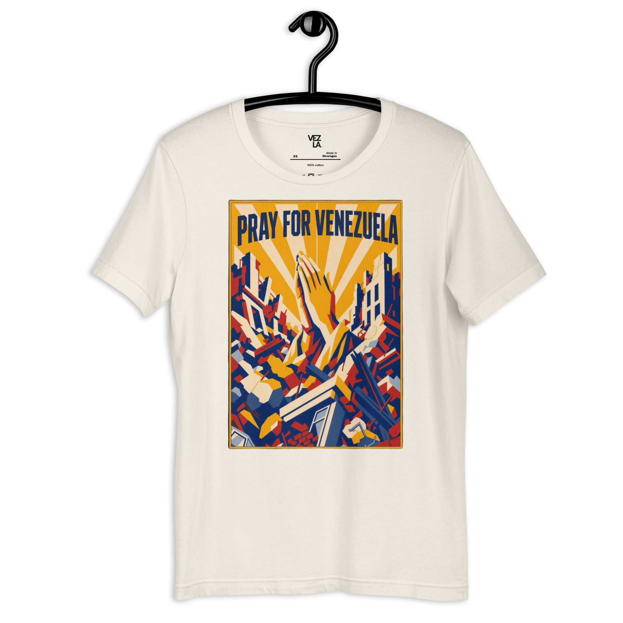 “Pray for Venezuela” t-shirt in vintage white, front view — ropa venezolana #color_vintage_white