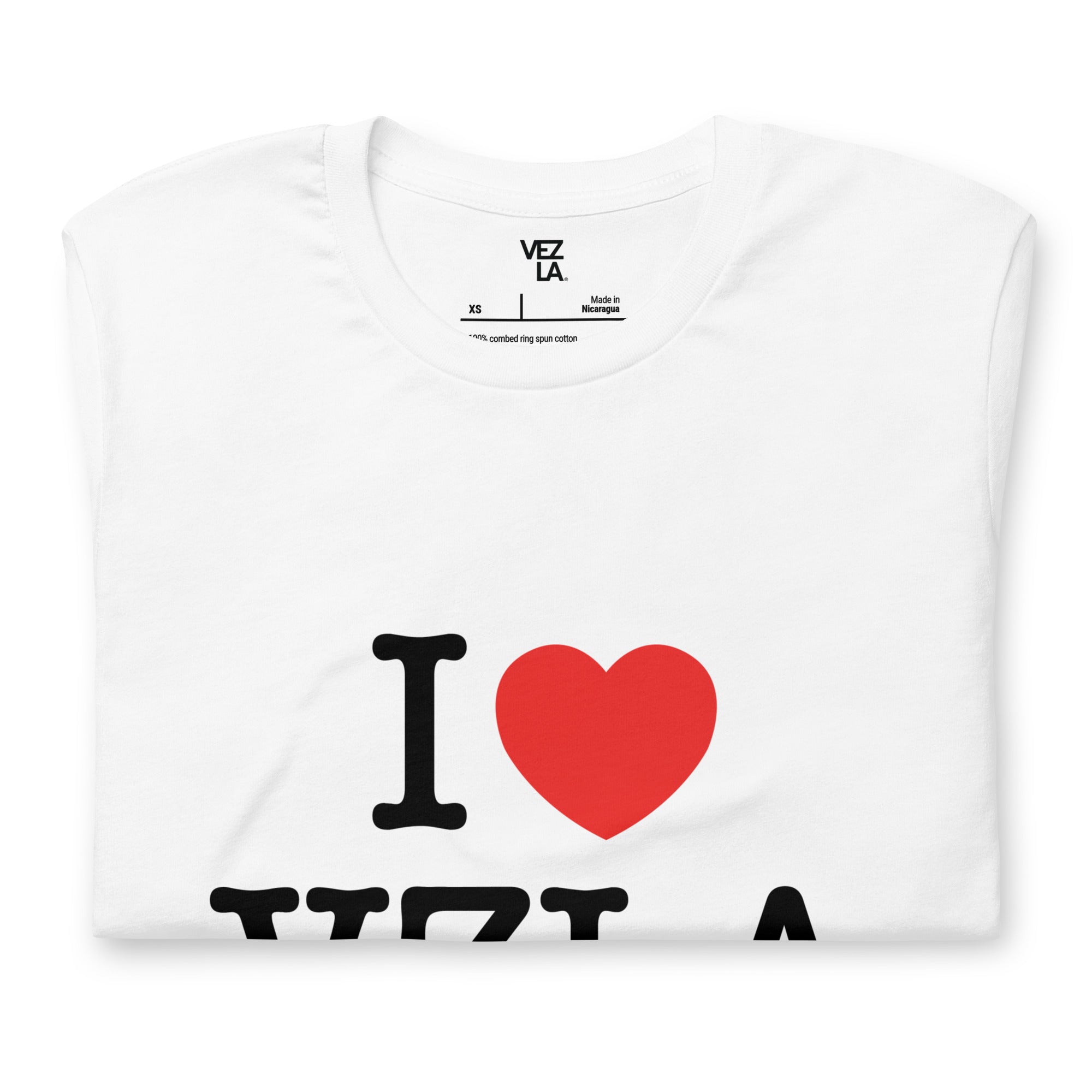 “I ❤ VZLA” I Love Venezuela t-shirt in white, folded detail — ropa venezolana #color_white