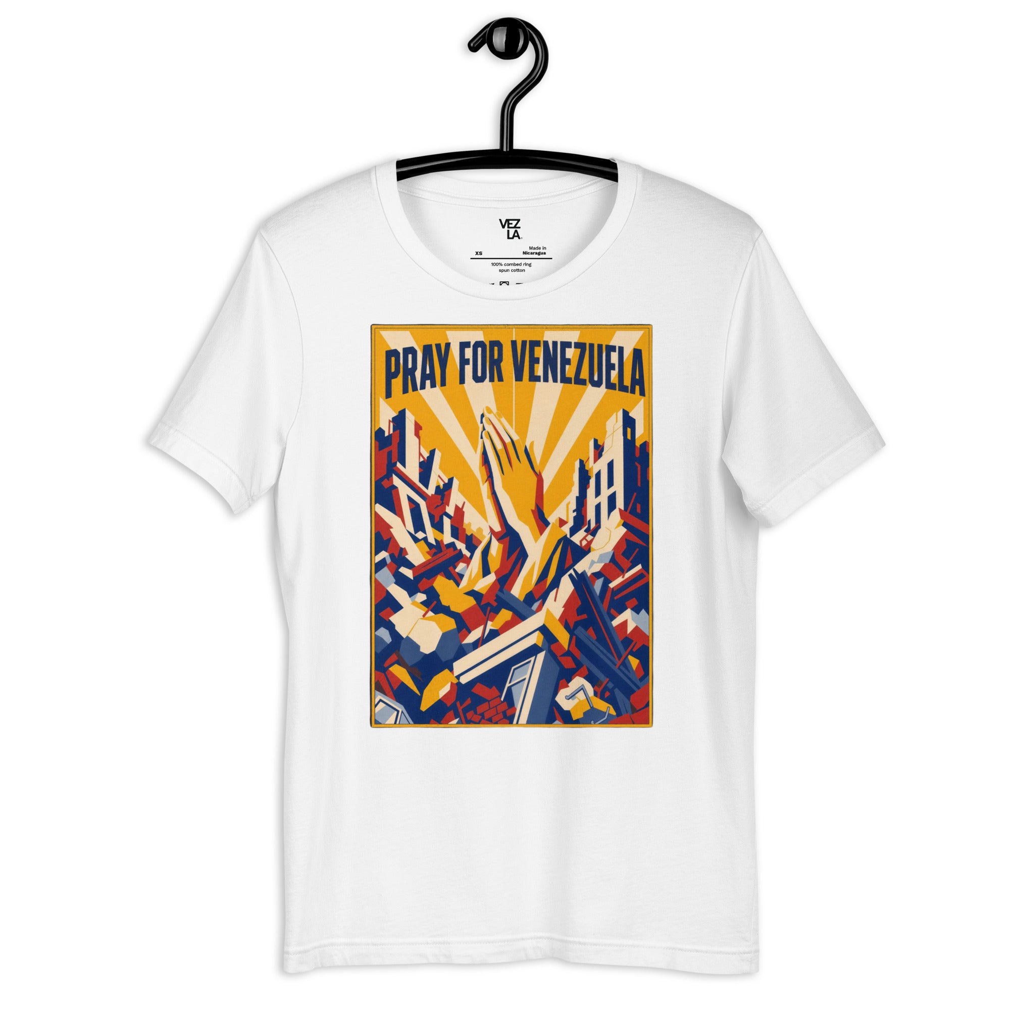 “Pray for Venezuela” t-shirt in white, front view — ropa venezolana #color_white