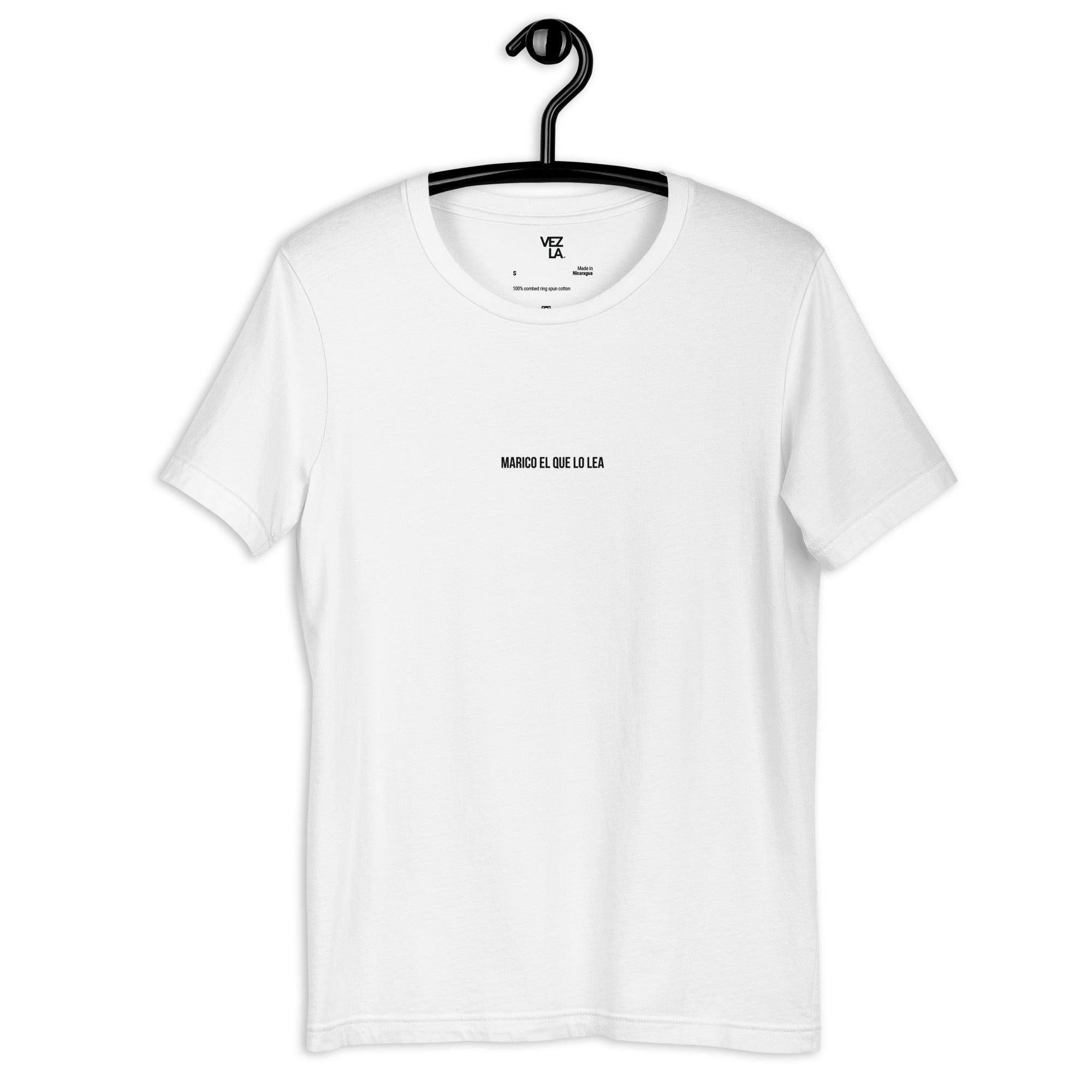 “Marico el que lo lea” t-shirt in white, front view — Venezuelan t-shirt #color_white