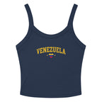 “VZLA Varsity” women's micro-rib tank in solid navy blend, folded detail — ropa venezolana #color_solid_navy_blend
