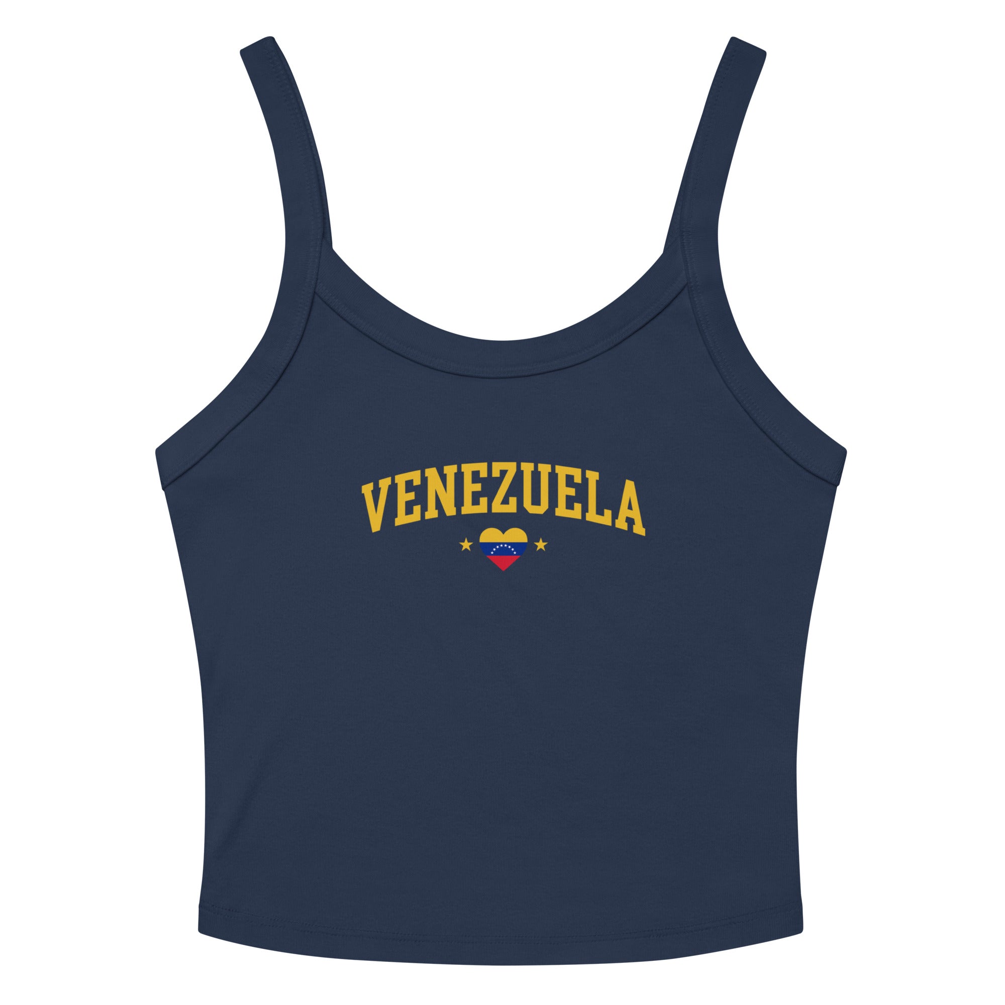 “VZLA Varsity” women's micro-rib tank in solid navy blend, folded detail — ropa venezolana #color_solid_navy_blend